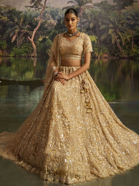 Fabulous Cream Thread Embroidery Net Wedding Wear Lehenga Choli With Dupatta