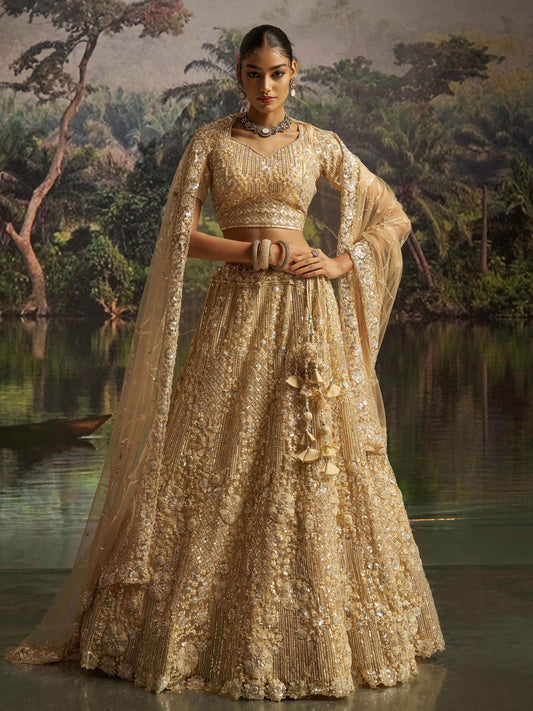 Fabulous Cream Thread Embroidery Net Wedding Wear Lehenga Choli With Dupatta