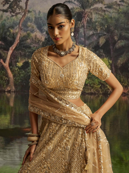 Fabulous Cream Thread Embroidery Net Wedding Wear Lehenga Choli With Dupatta