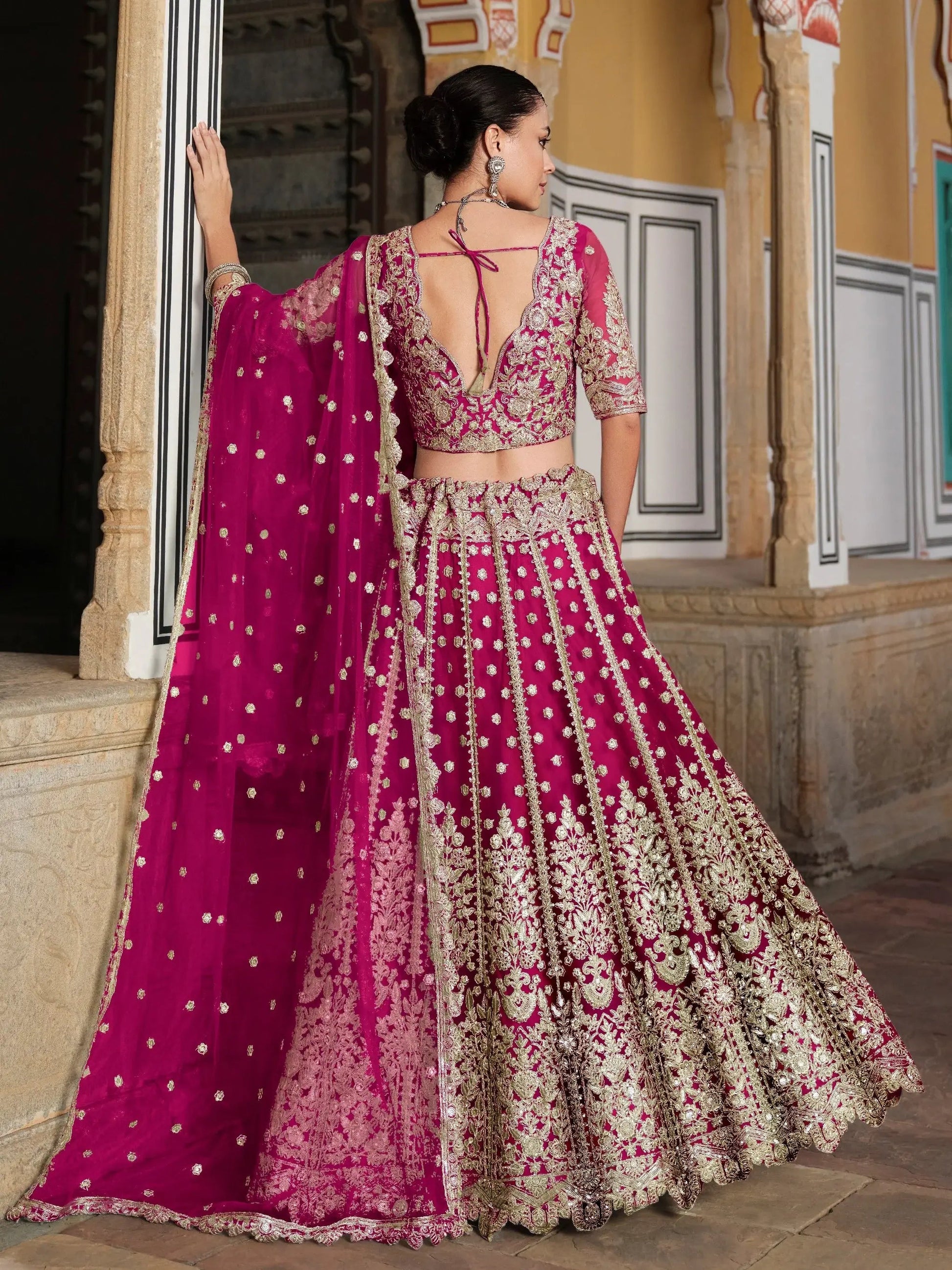 Remarkable Pink Zari Work Net Wedding Wear Lehenga Choli With Dupatta