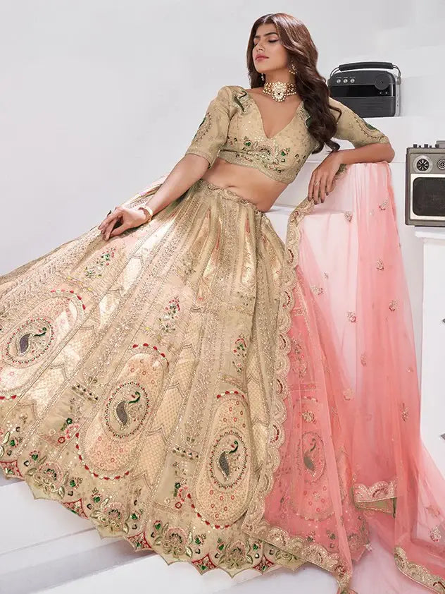 Gorgeous Beige Sequins Work Banarasi Silk Event Wear Lehenga Choli With Dupatta
