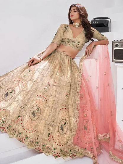 Gorgeous Beige Sequins Work Banarasi Silk Event Wear Lehenga Choli With Dupatta