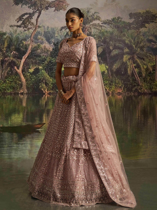 Gorgeous Mauve Sequins Net Reception Wear Lehenga Choli With Dupatta