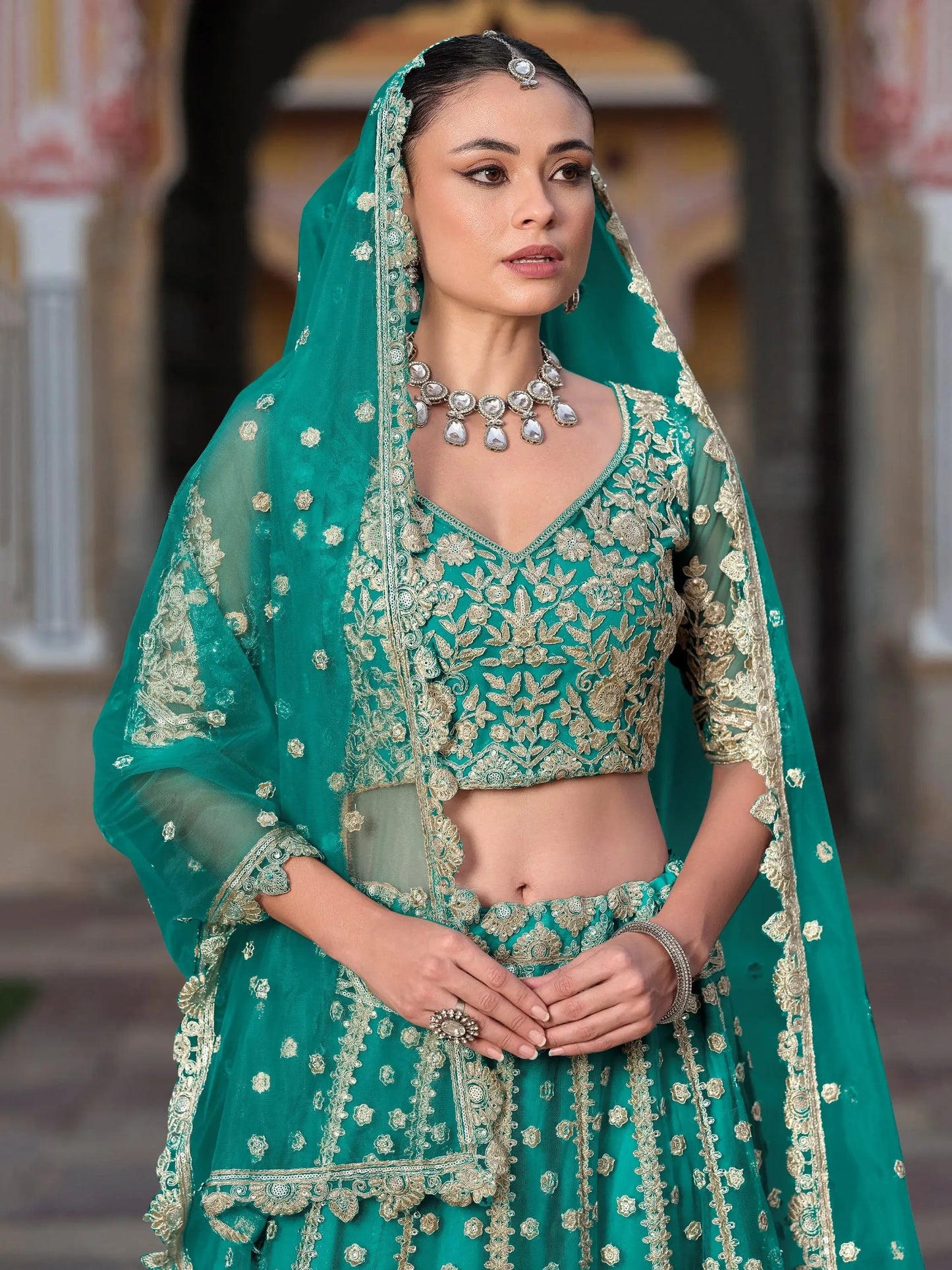 Classy Sea Green Sequins Embroidery Net Bridesmaid Lehenga Choli