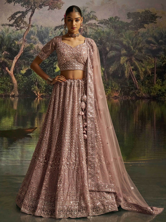 Gorgeous Mauve Sequins Net Reception Wear Lehenga Choli With Dupatta