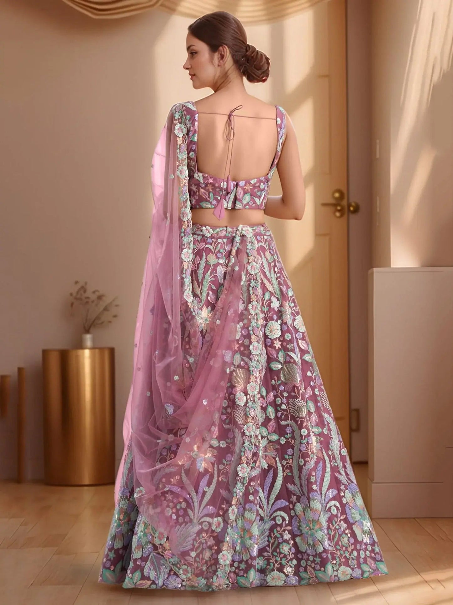 Astonishing Pink Sequins Embroidered Net Reception Wear Lehenga With Blouse