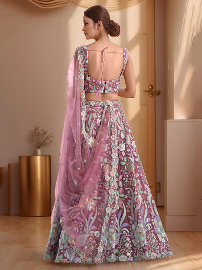Astonishing Pink Sequins Embroidered Net Reception Wear Lehenga With Blouse