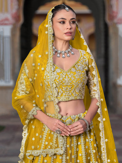 Awesome Yellow Embroidered Net Haldi Wear Lehenga Choli With Dupatta