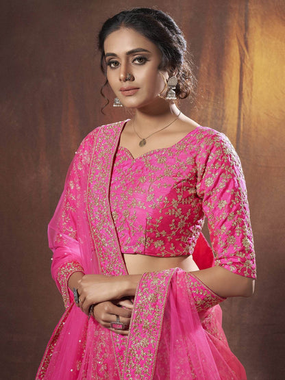Fantastic Pink Dori Embroidery Silk Wedding Wear Lehenga Choli With Dupatta
