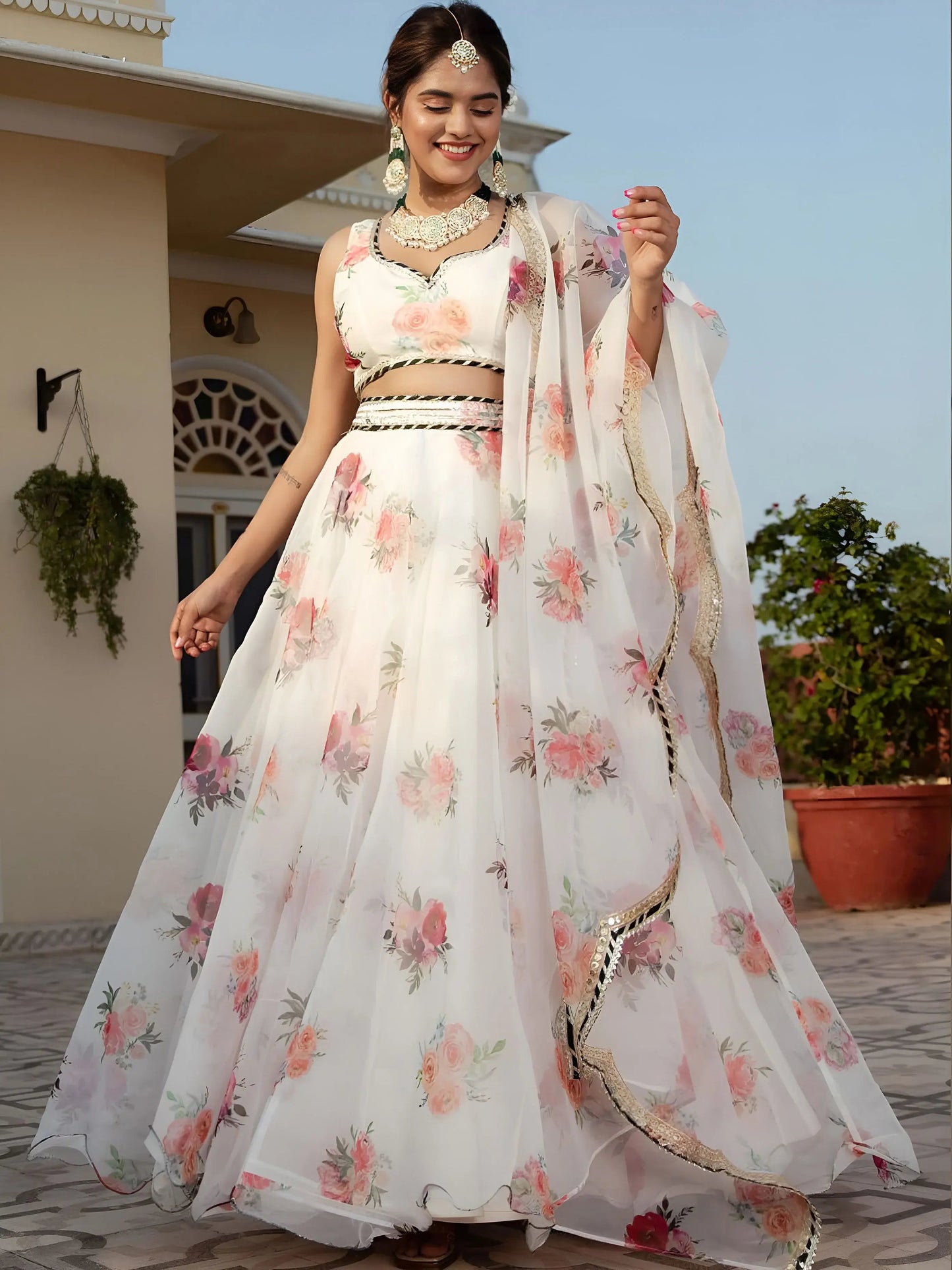 Elegant Designer White Printed Organza Lehenga Choli For Women
