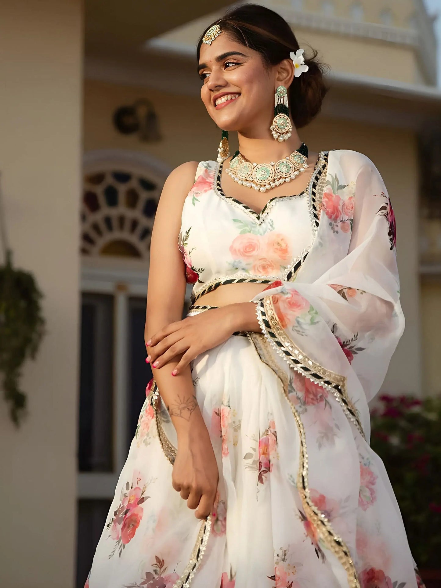 Elegant Designer White Printed Organza Lehenga Choli For Women