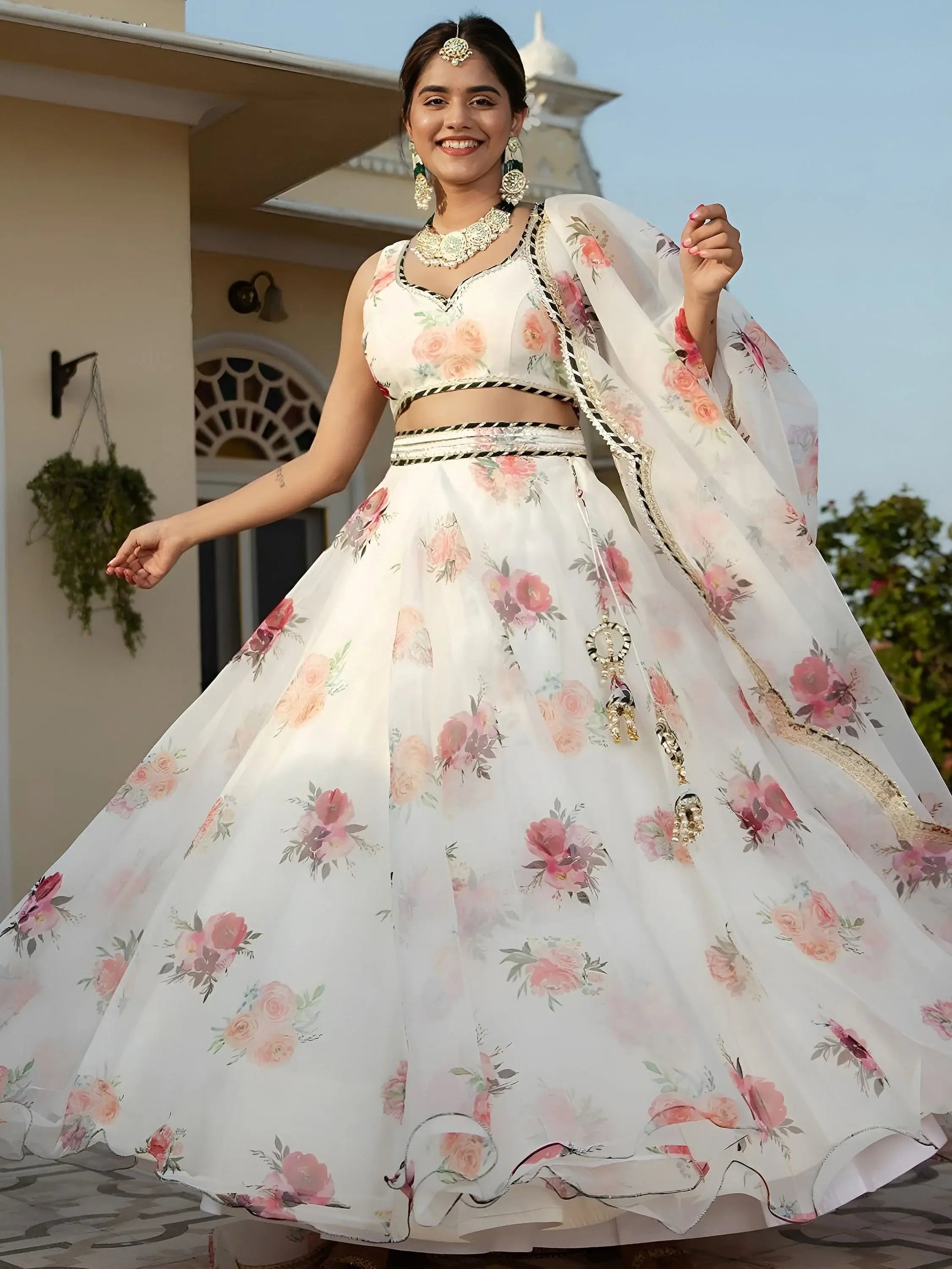 Elegant Designer White Printed Organza Lehenga Choli For Women