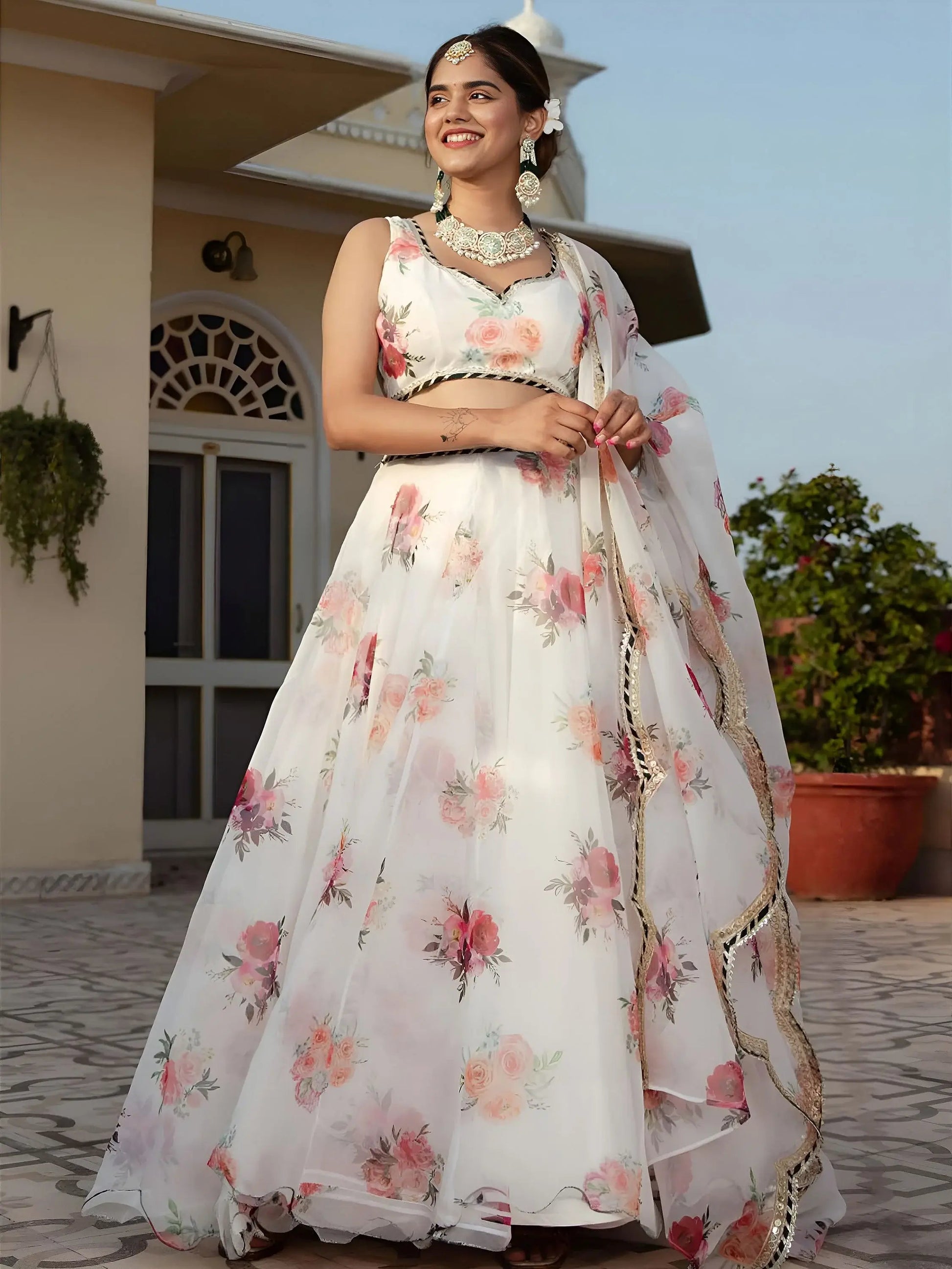 Elegant Designer White Printed Organza Lehenga Choli For Women