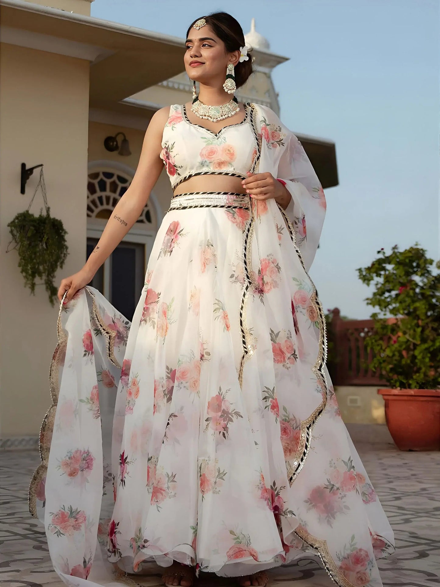 Elegant Designer White Printed Organza Lehenga Choli For Women