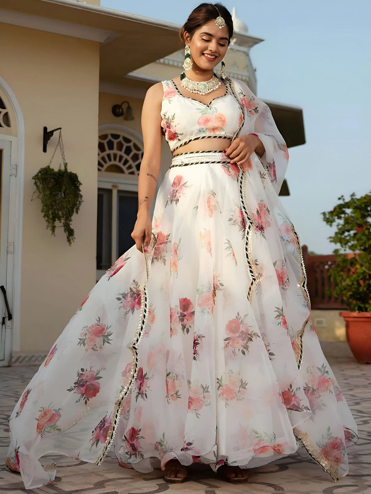 Elegant Designer White Printed Organza Lehenga Choli For Women