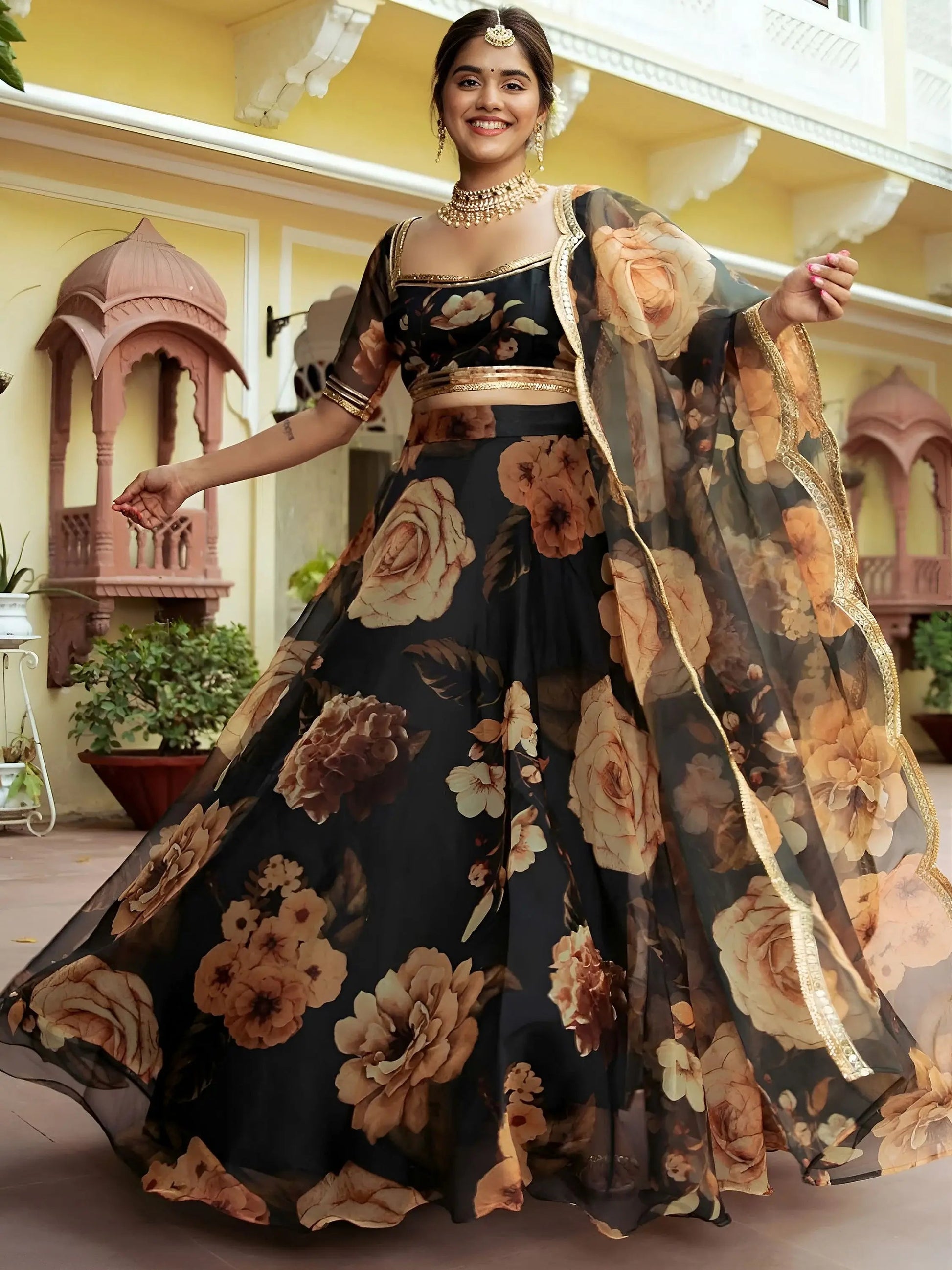 Entertaining Black Printed Semi Stitched Traditional Lehenga Choli