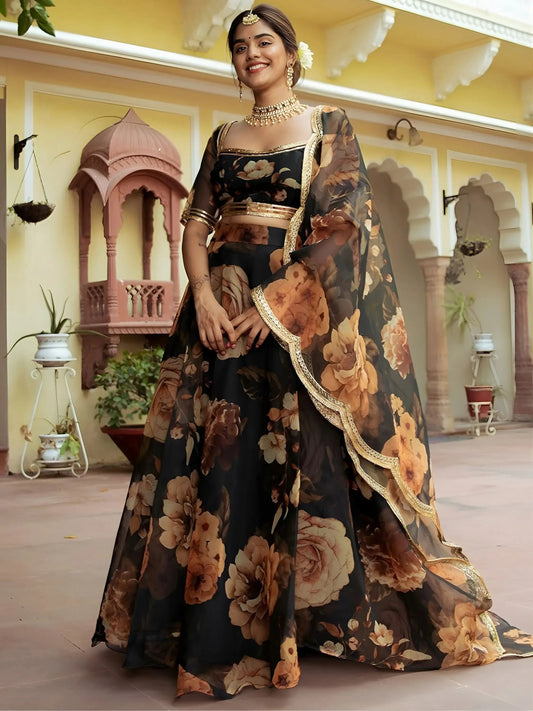 Entertaining Black Printed Semi Stitched Traditional Lehenga Choli