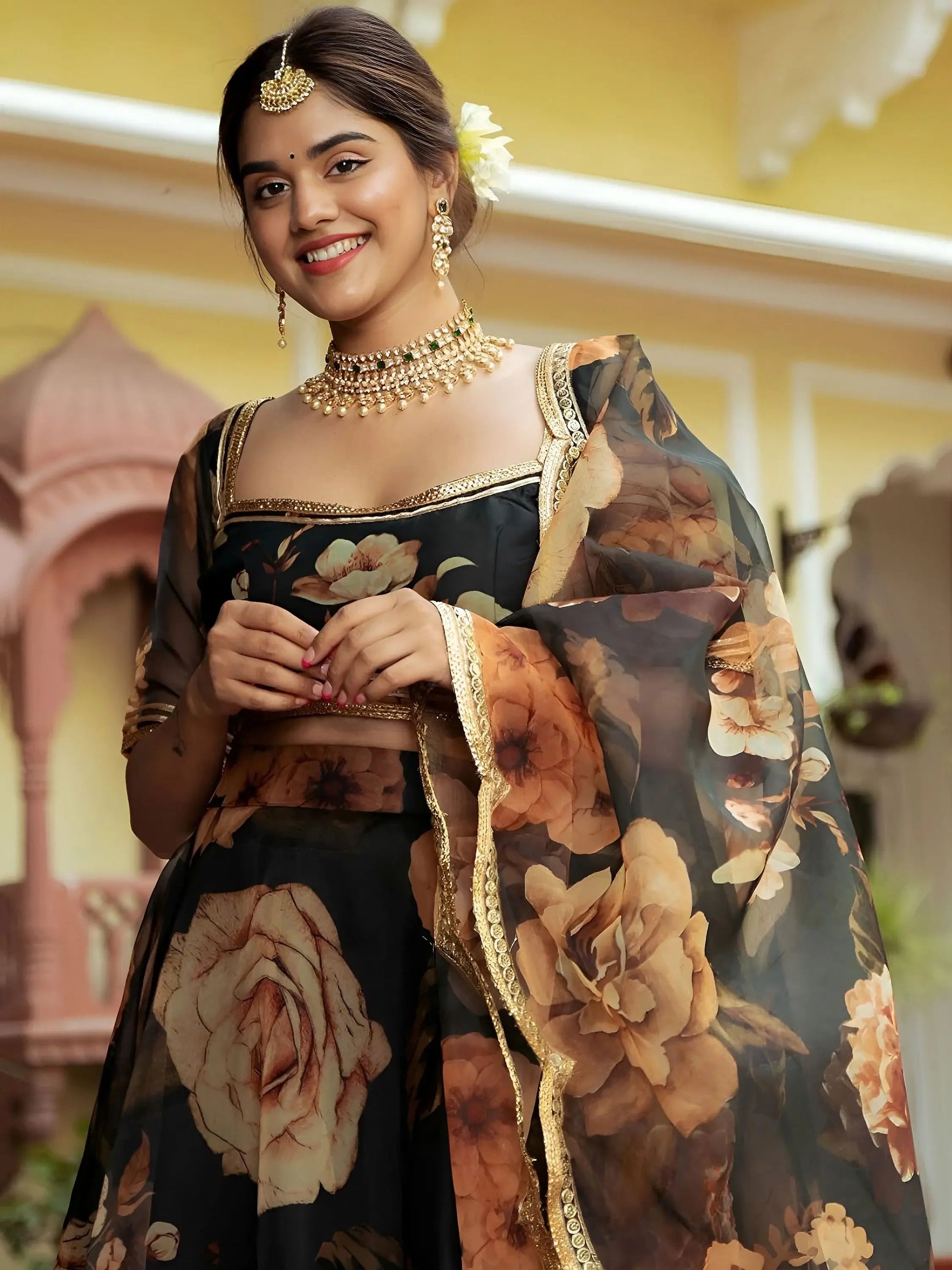 Entertaining Black Printed Semi Stitched Traditional Lehenga Choli