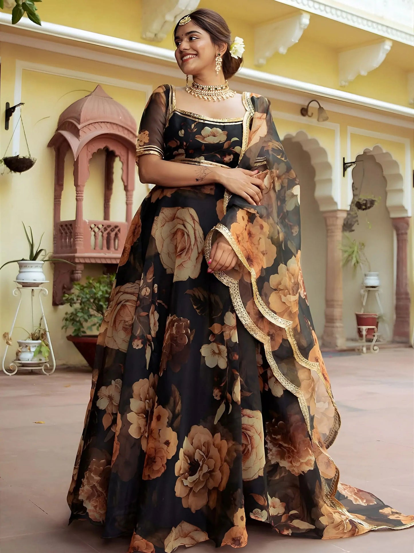 Entertaining Black Printed Semi Stitched Traditional Lehenga Choli