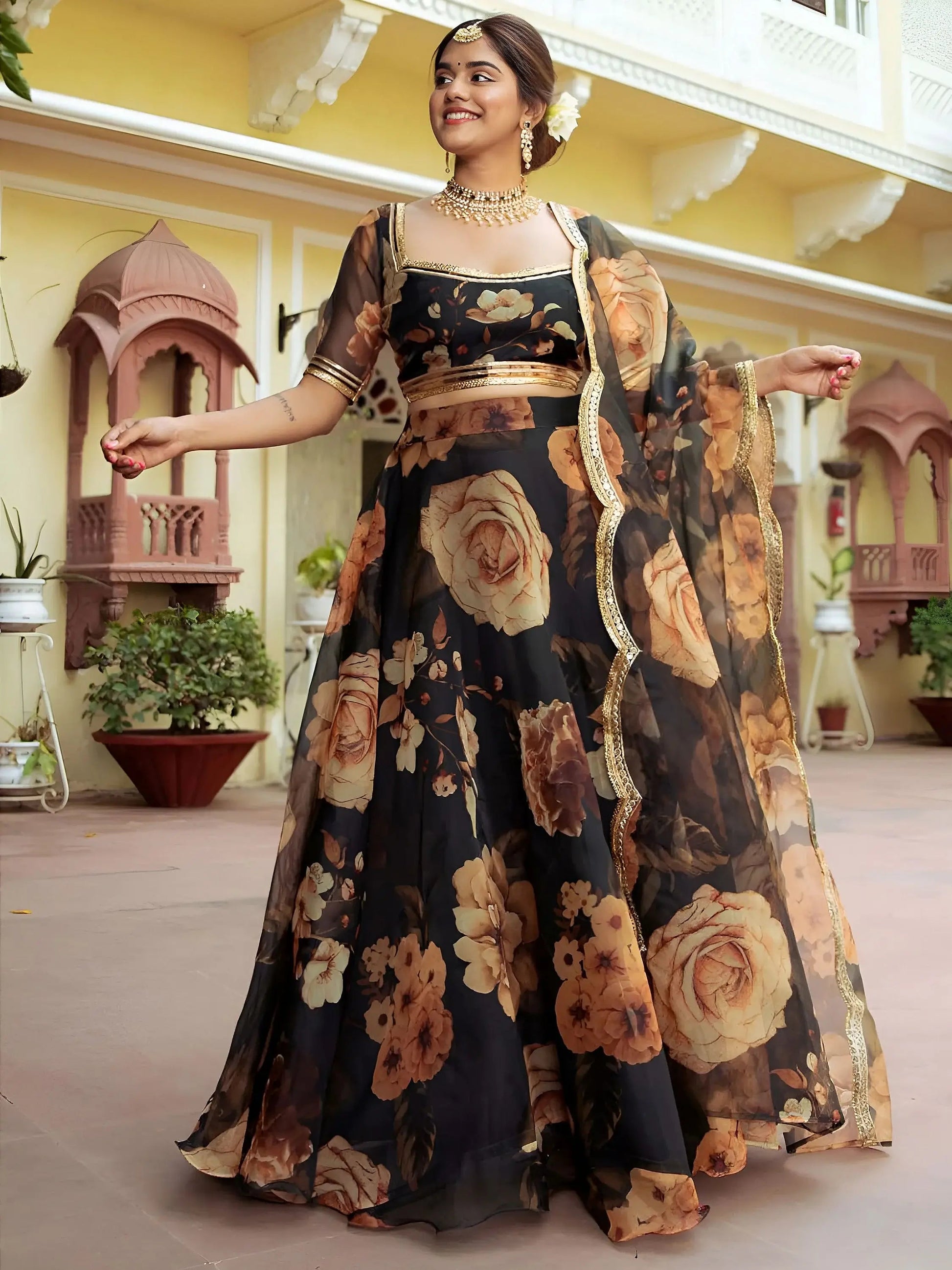 Entertaining Black Printed Semi Stitched Traditional Lehenga Choli