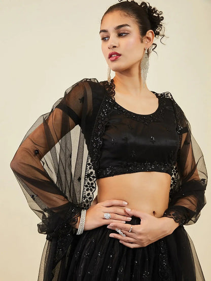 Stunning Black Sequins Party Wear Lehenga Choli With Net Dupatta