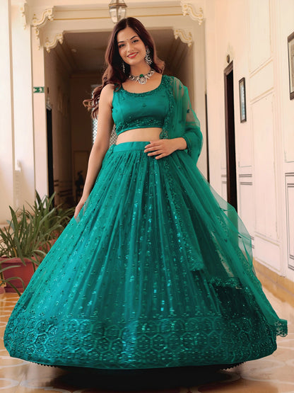 Delightful Teal Green Thread Embroidery Net Party Wear Lehenga Choli