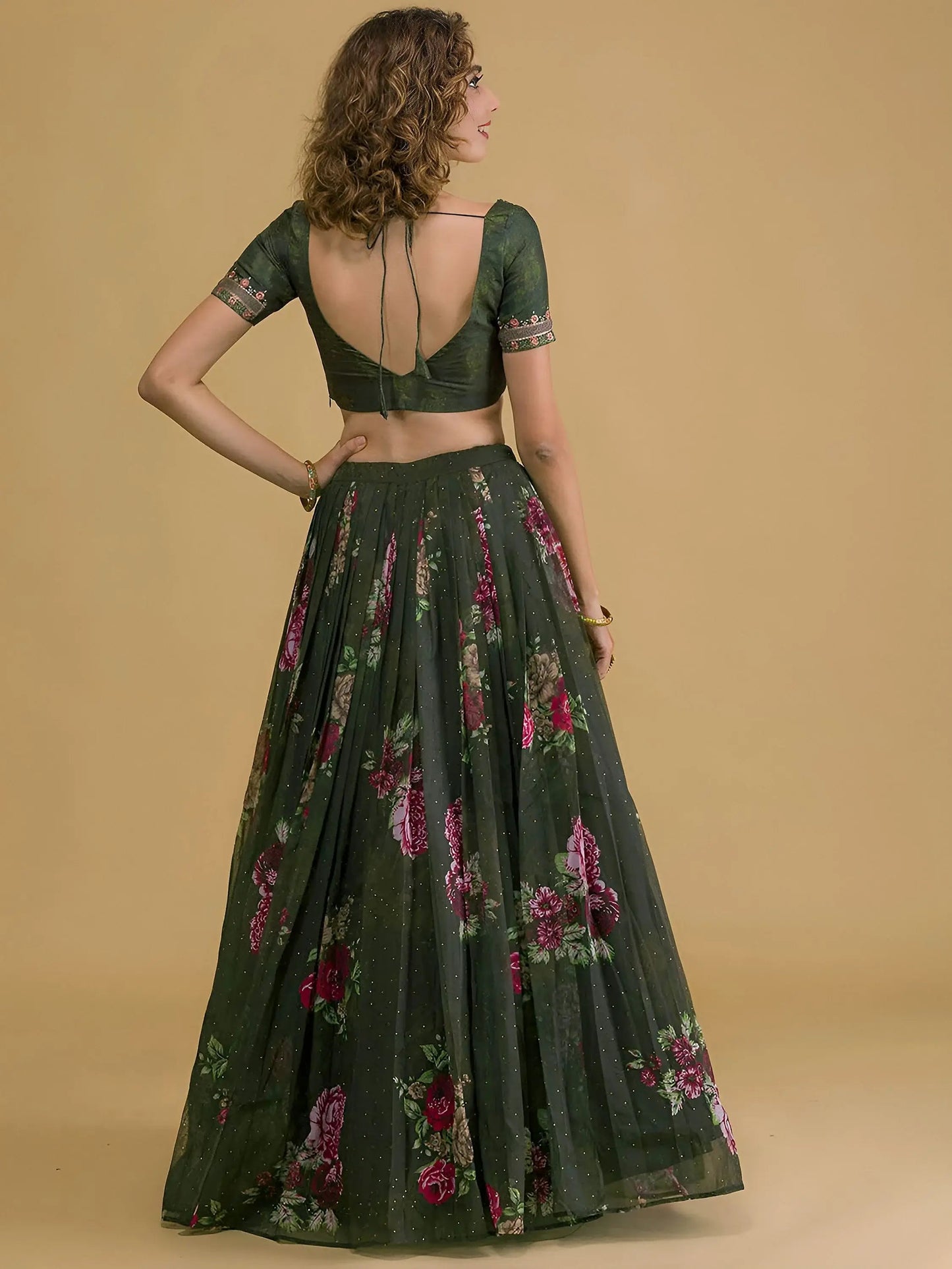 Charming Dark Green Floral Printed Organza Designer Lehenga Choli