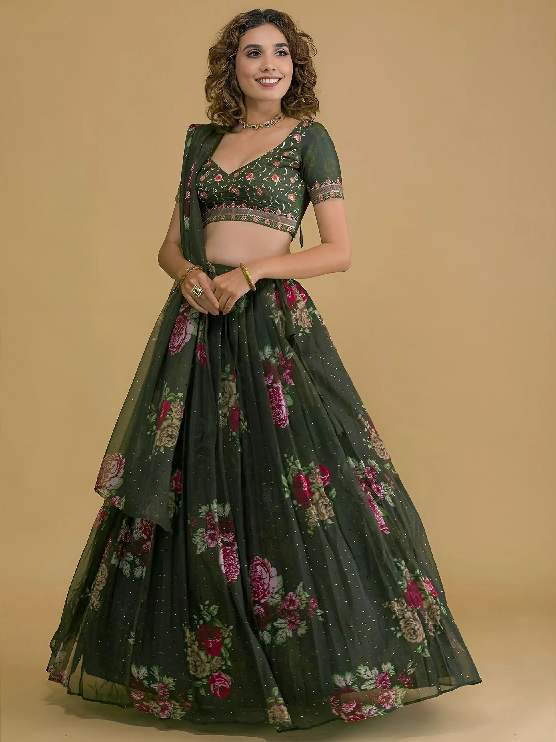 Charming Dark Green Floral Printed Organza Designer Lehenga Choli