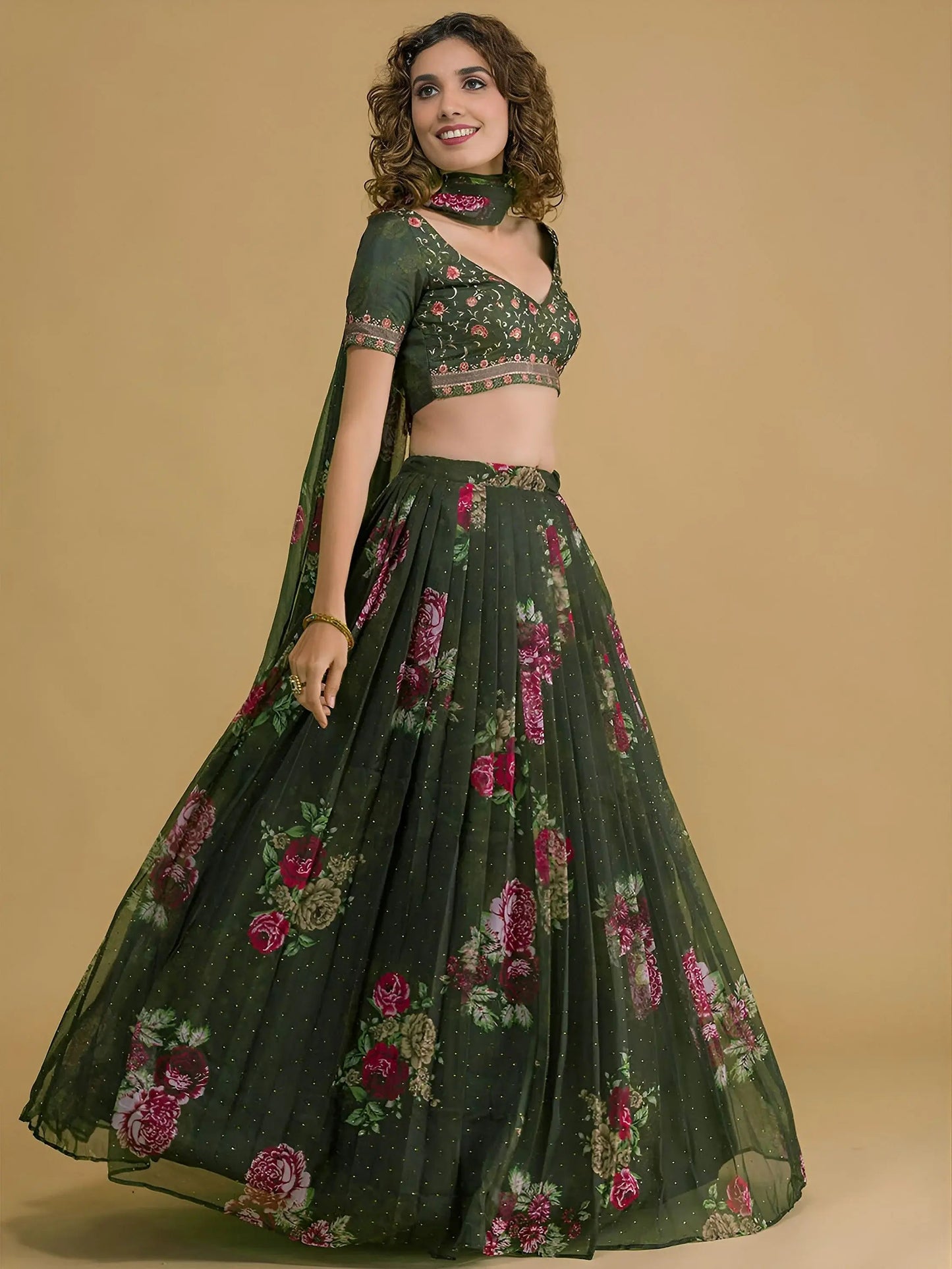 Charming Dark Green Floral Printed Organza Designer Lehenga Choli
