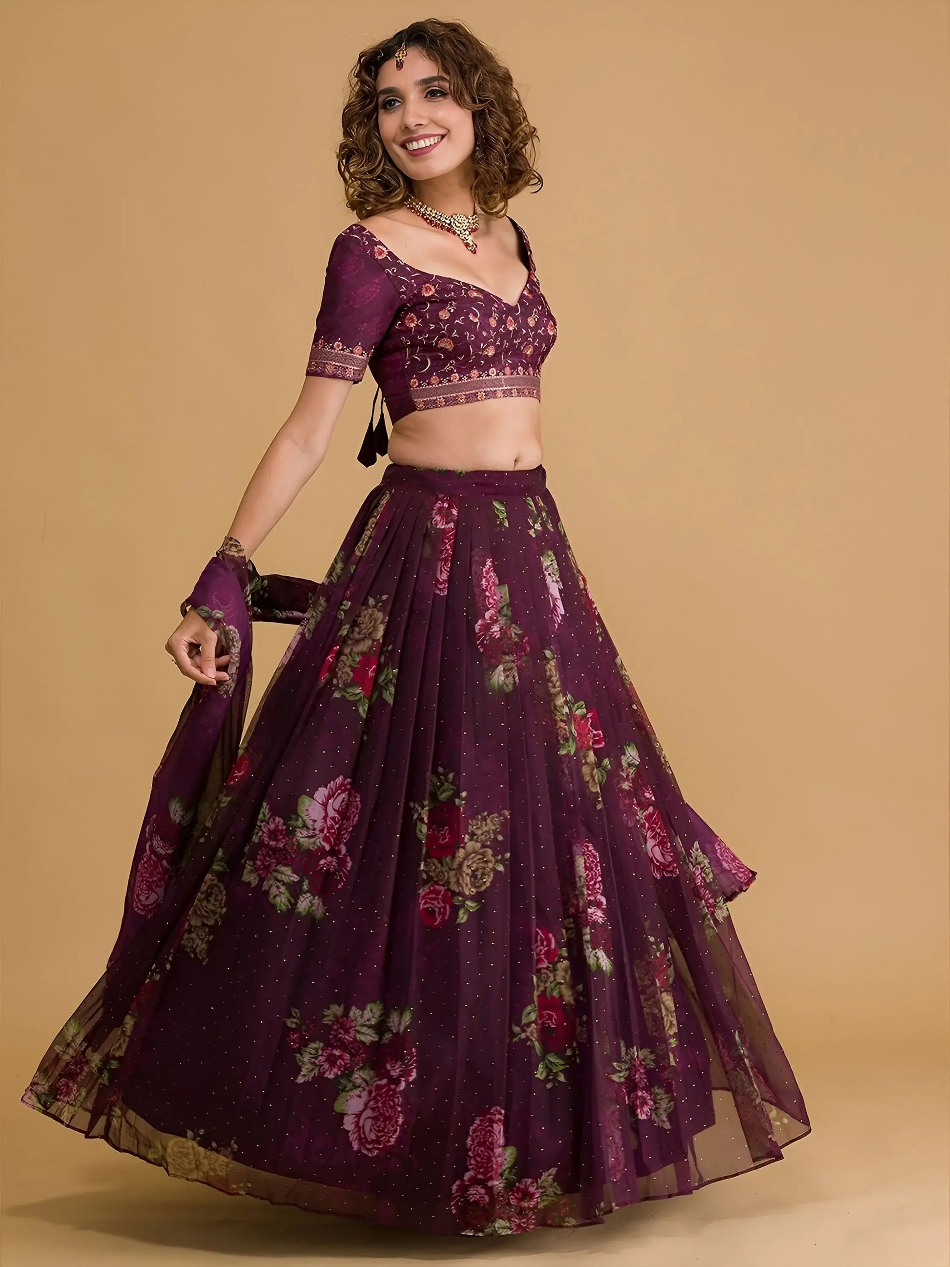 Amazing Purple Floral Printed Organza Sangeet Wear Lehenga Choli