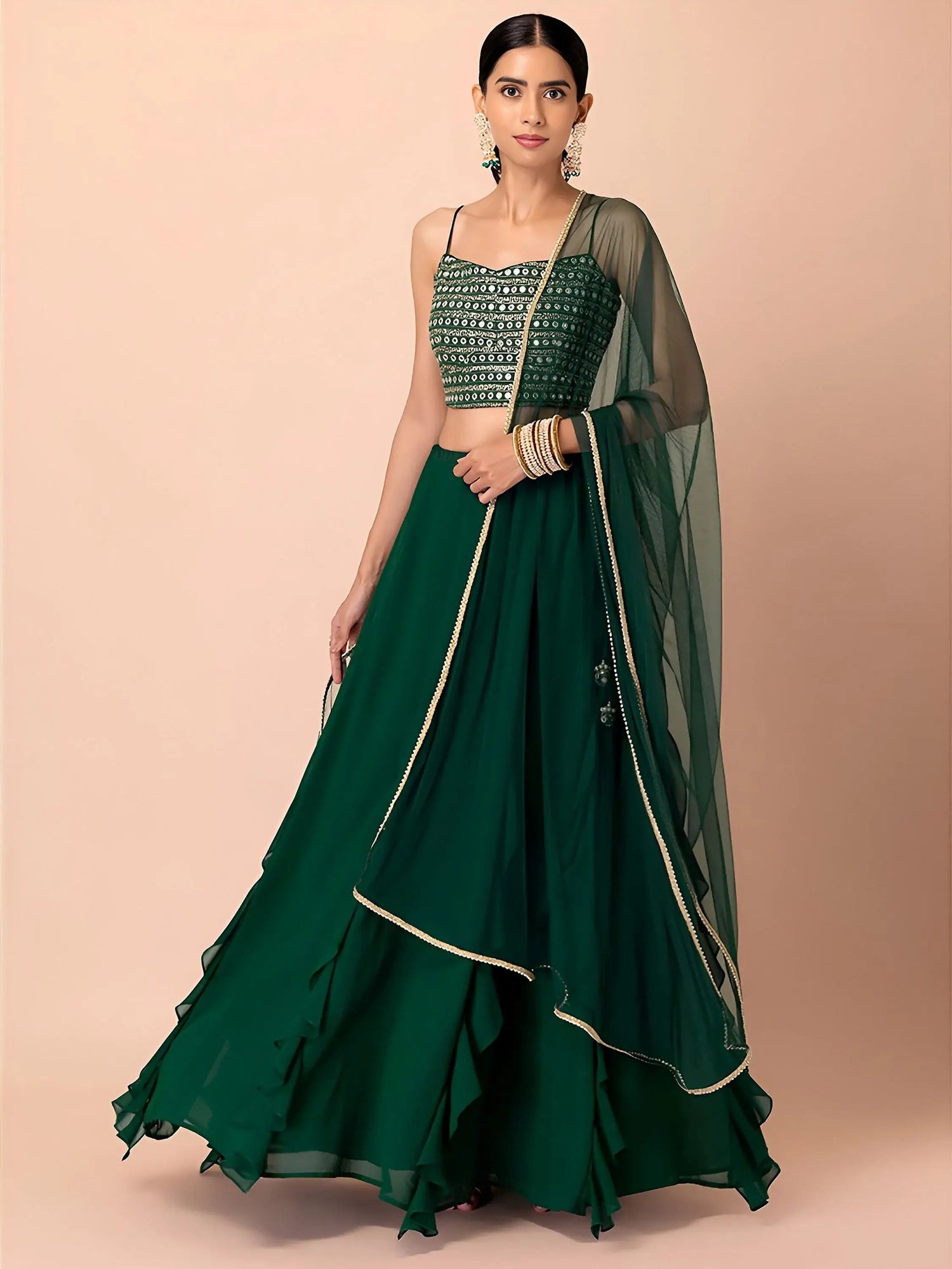 Appealing Dark Green Georgette Events Wear Lehenga Choli With Dupatta