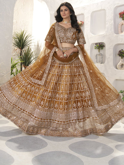 Beautiful Golden Sequins Work Net Wedding Lehenga Choli With Dupatta