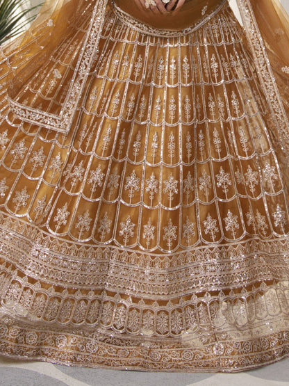 Beautiful Golden Sequins Work Net Wedding Lehenga Choli With Dupatta