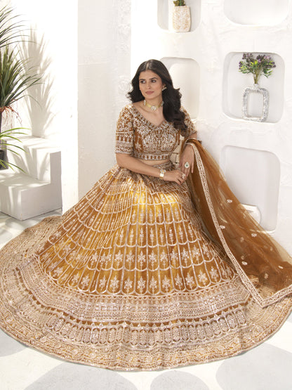 Beautiful Golden Sequins Work Net Wedding Lehenga Choli With Dupatta