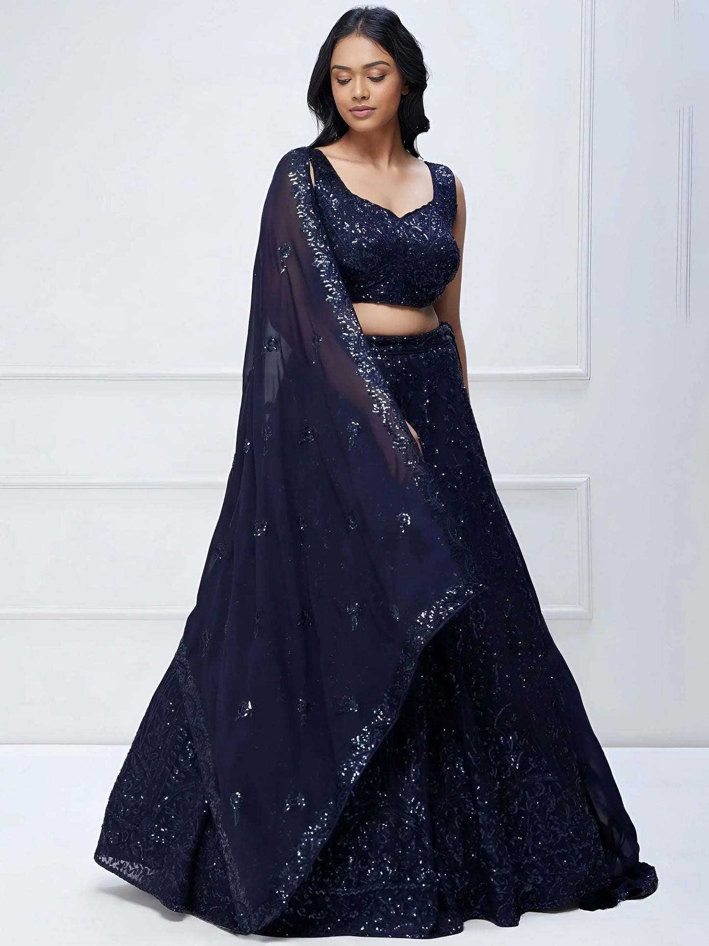 Lovely Navy Blue Sequins Georgette Engagement Wear Lehenga Choli