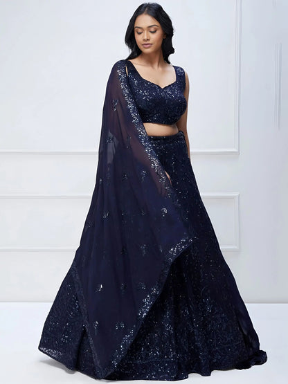 Lovely Navy Blue Sequins Georgette Engagement Wear Lehenga Choli