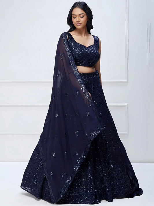 Lovely Navy Blue Sequins Georgette Engagement Wear Lehenga Choli