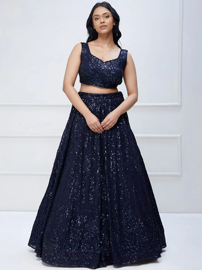 Lovely Navy Blue Sequins Georgette Engagement Wear Lehenga Choli