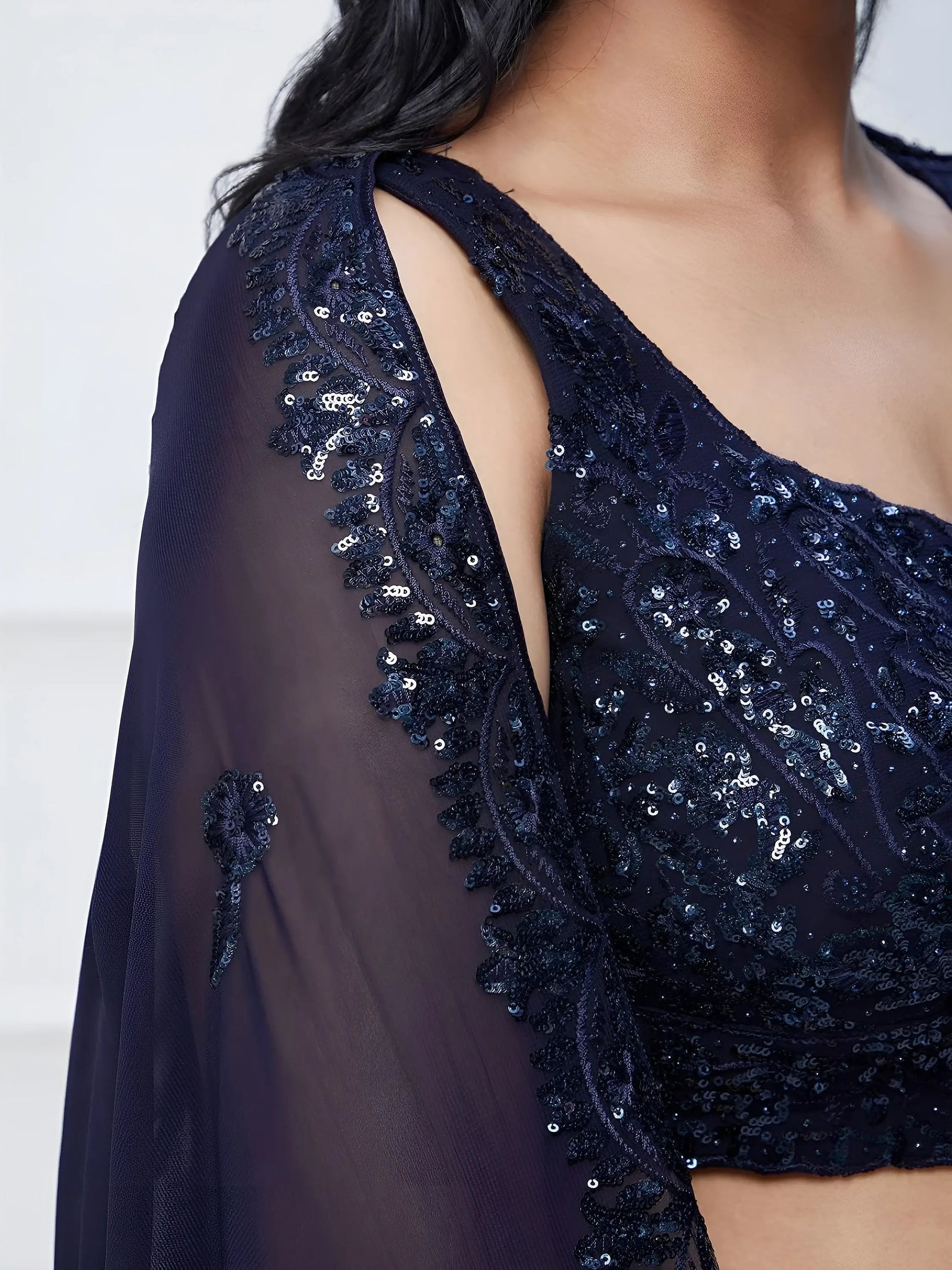 Lovely Navy Blue Sequins Georgette Engagement Wear Lehenga Choli