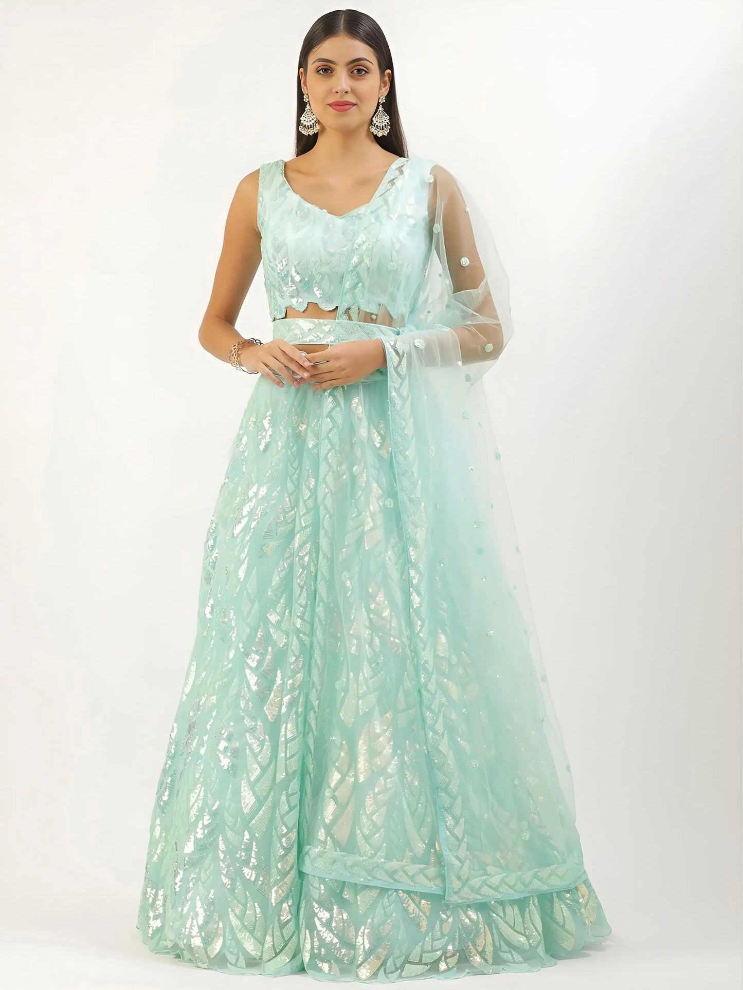 Attractive Sky Blue Sequins Net Designer Lehenga Choli With Dupatta
