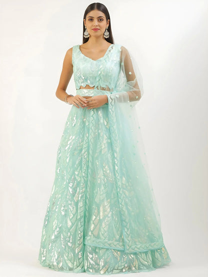 Attractive Sky Blue Sequins Net Designer Lehenga Choli With Dupatta