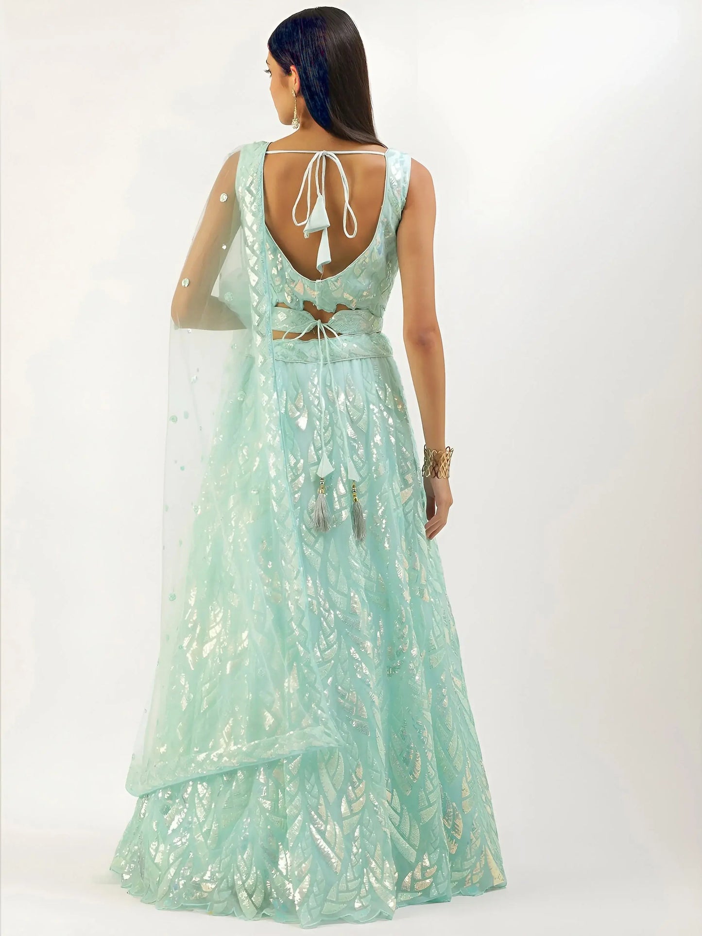 Attractive Sky Blue Sequins Net Designer Lehenga Choli With Dupatta