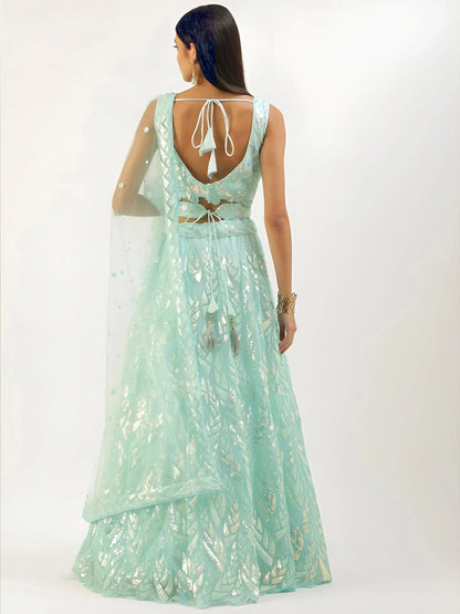 Attractive Sky Blue Sequins Net Designer Lehenga Choli With Dupatta