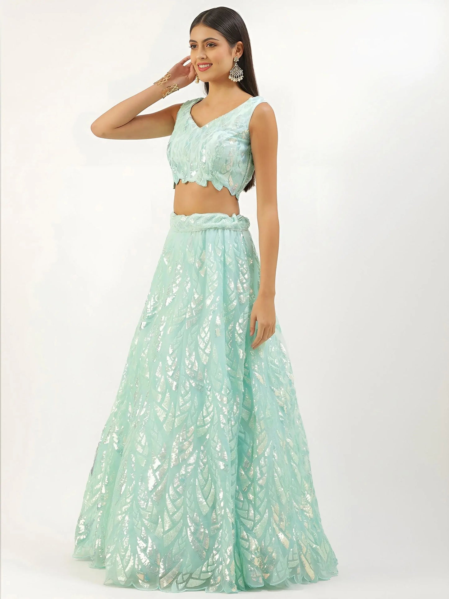 Attractive Sky Blue Sequins Net Designer Lehenga Choli With Dupatta