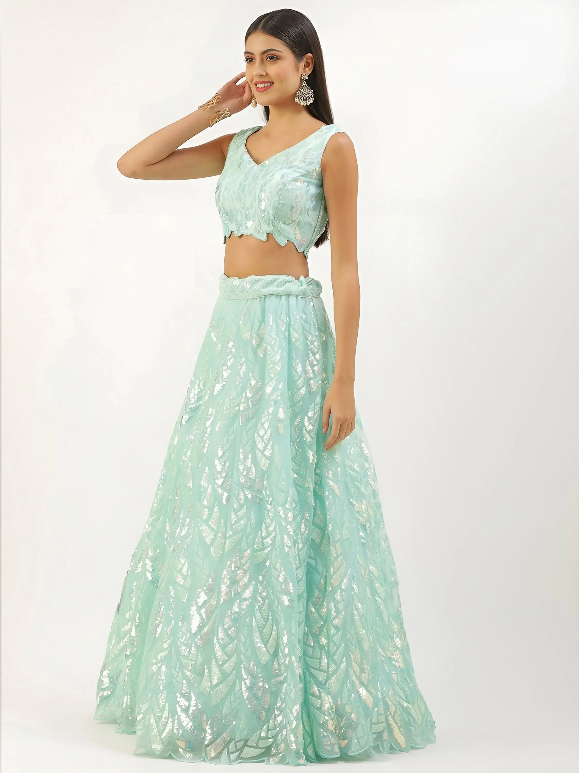 Attractive Sky Blue Sequins Net Designer Lehenga Choli With Dupatta
