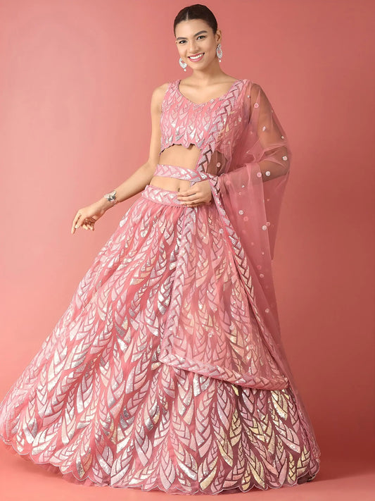 Outstanding Pink Sequins Net Reception Wear Lehenga Choli