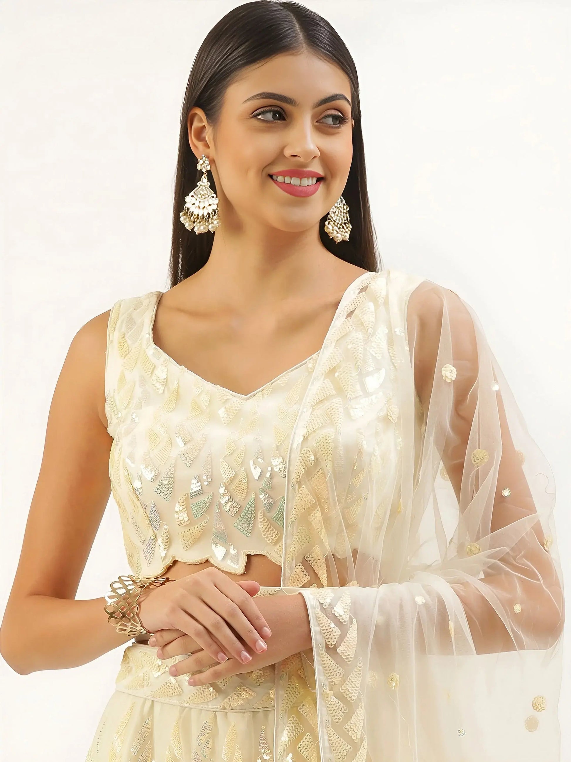 Glorious Beige Sequins Net Festive Wear Lehenga Choli With Dupatta