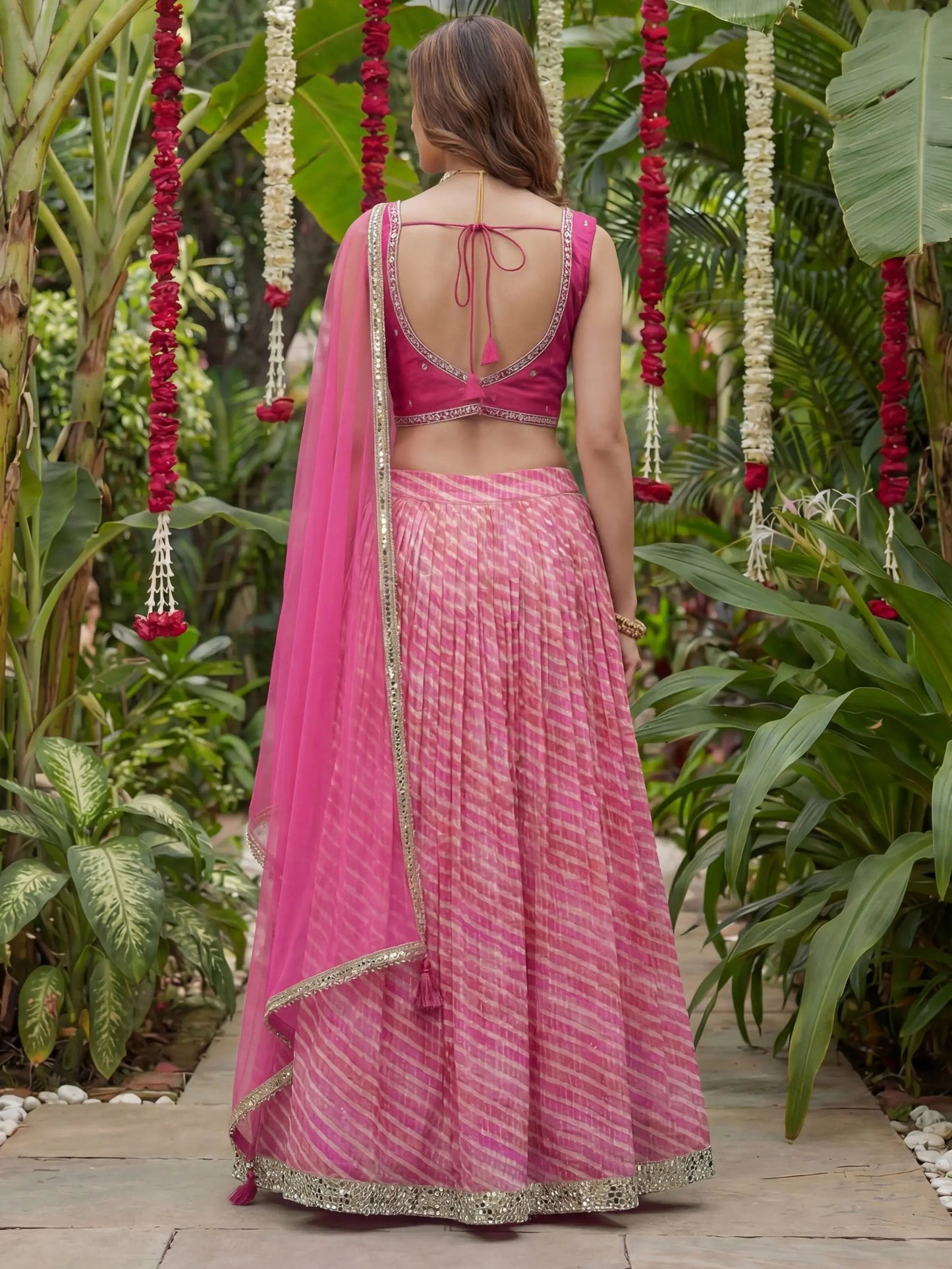 Graceful Pink Printed Organza Sangeet Wear Lehenga Choli With Dupatta