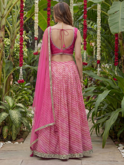Graceful Pink Printed Organza Sangeet Wear Lehenga Choli With Dupatta