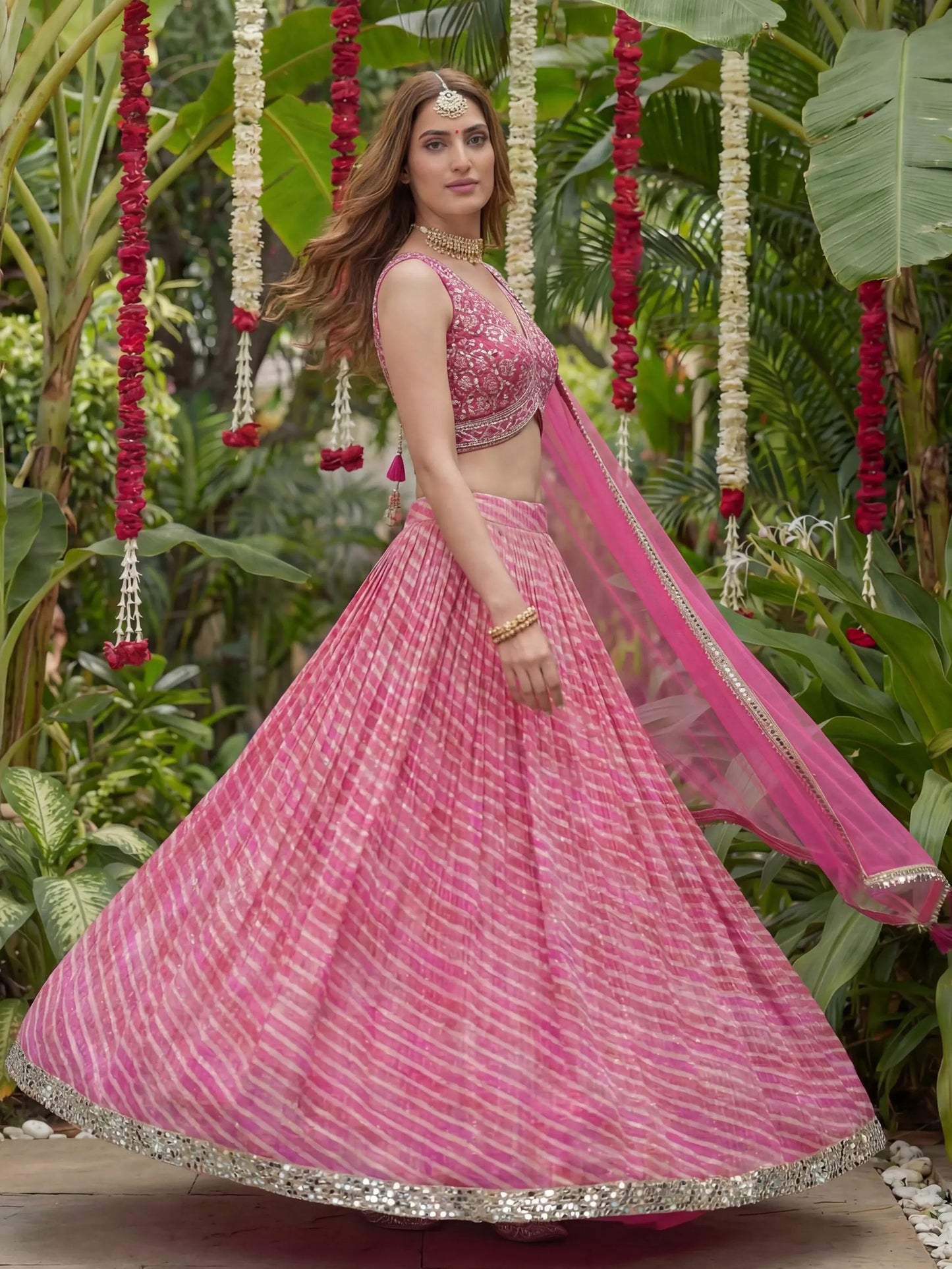 Graceful Pink Printed Organza Sangeet Wear Lehenga Choli With Dupatta